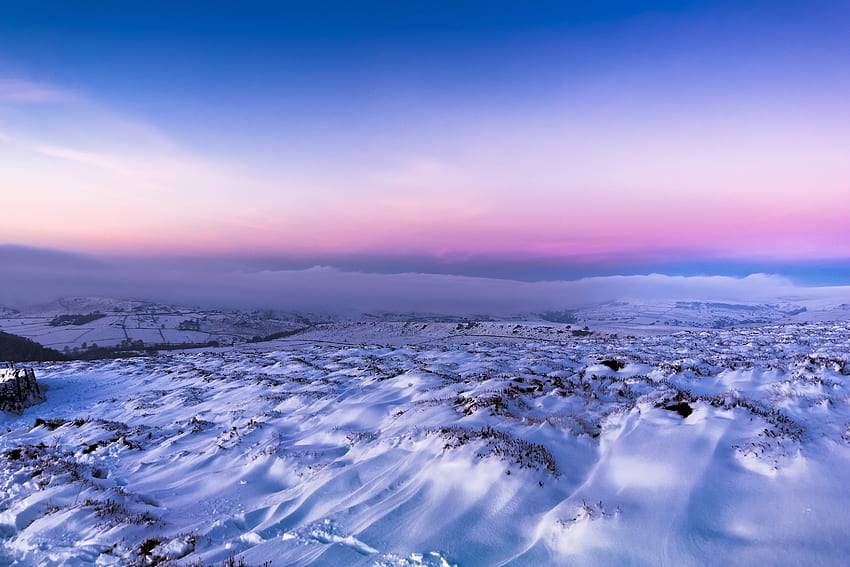 Snow, landscape, pink sunset, skyline HD wallpaper