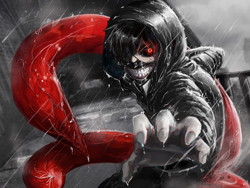 Ken Kaneki, Regen, Kagune, schwarzes Haar, Hoodie und rote Augen. Hintergrund, Kagune Tokyo Ghoul HD-Hintergrundbild