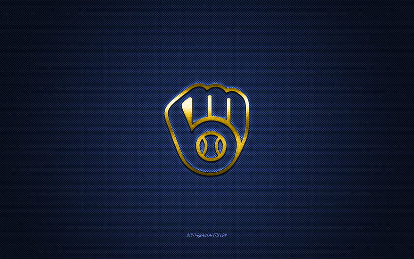 Емблема на Milwaukee Brewers, американски бейзболен клуб, синьо лого, син фон от въглеродни влакна, MLB, емблема на Milwaukee Brewers, бейзбол, Milwaukee, САЩ, Milwaukee Brewers HD тапет