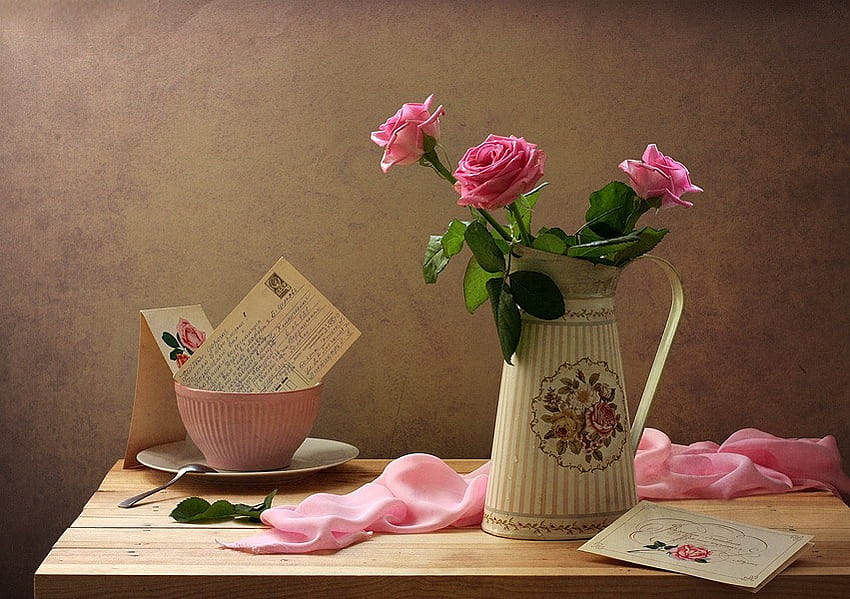 still life, bouquet, graphy, kettle, beauty, nice, rose, flower, , roses, elegantly, postcards, beautiful, china, pink, pretty, cool, romantic, flowers, scarf, lovely, harmony HD wallpaper