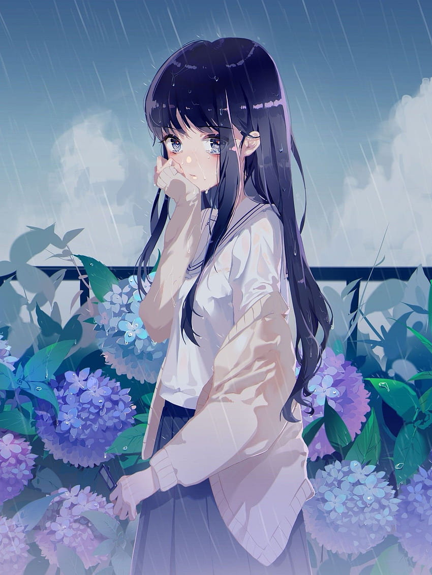 Anime Girl, Raining, Flowers, Black Hair, Tears, Crying, Emotional for Apple iPad Mini, Apple IPad 3, 4 HD phone wallpaper
