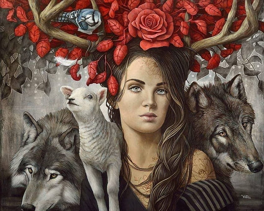 Goddess, animal, art, horns, sophie wilkins, girl, wolf, rose, fantasy, flower, sheep, pictura, red, face, lup, lamb, diana HD wallpaper