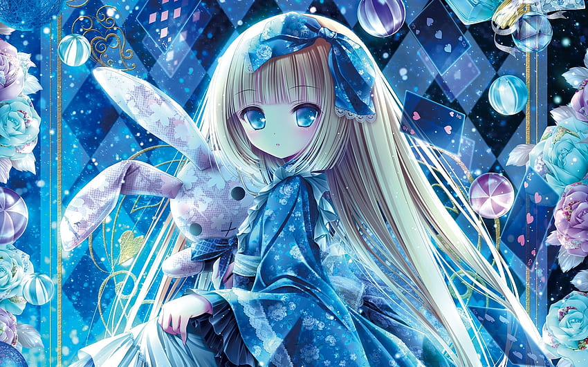 Lolita Mode, blau, klingeln, weiß, Mädchen, Hase, Anime, Manga, Kaninchen HD-Hintergrundbild