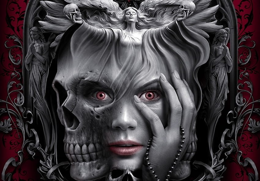 Ангел на смъртта, черен, череп, момиче, ръка, смърт, Ан Стоукс, Хелоуин, фантазия, лице HD тапет