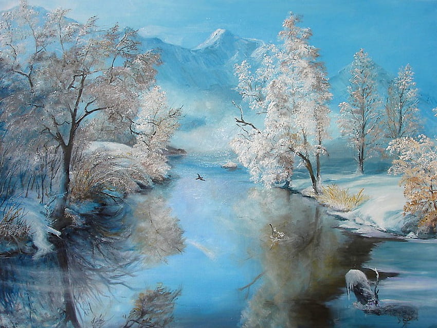 Une journée d'hiver parfaite, rivière, hiver, froid, parfait, jour, neige, arbres, eau, glace Fond d'écran HD