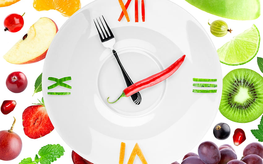 ダイエット、減量、適切な栄養、食事の概念、野菜の時計、菜食主義 高画質の壁紙