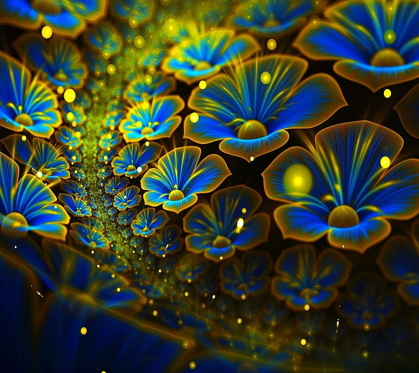 Bunga Biru, biru, hitam, cantik, cantik, gren, abstrak, cantik, kuning, alam, bunga, 3D, indah Wallpaper HD