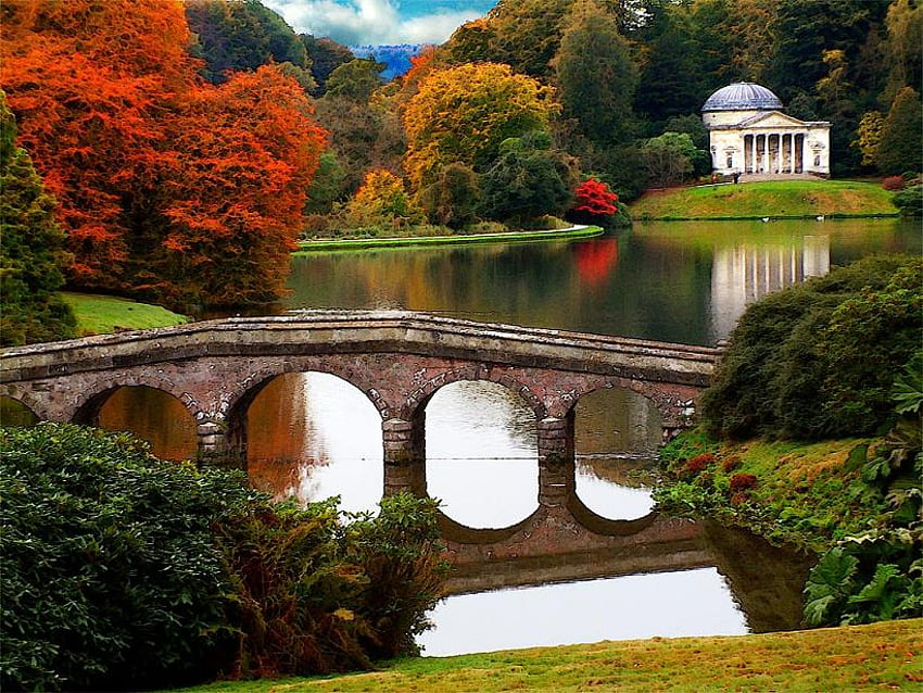 reflection, garden, bridge, autumn, lake HD wallpaper
