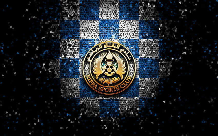 Al-Riffa SC, glitter logo, Bahraini Premier League, blue white checkered background, soccer, Bahraini football club, Al-Riffa logo, mosaic art, Riffa SC, football, Al-Riffa FC HD wallpaper