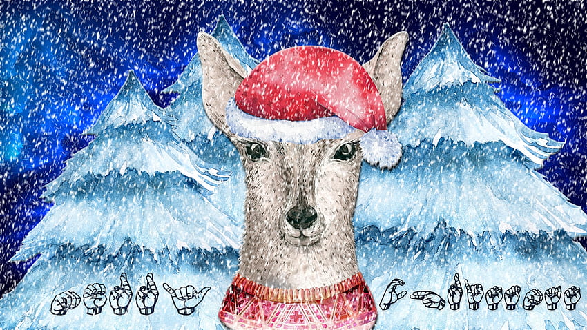 Merry Christmas Deer, Red Sweater, ASL, ASL Merry Christmas, Snow, Santa Hat, Pine Trees, Deer HD wallpaper