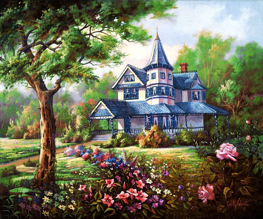 Viktorianische Misty Rose, Kunstwerk, Gemälde, Haus, Landschaft, Bäume, Garten HD-Hintergrundbild
