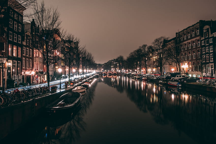 도시, 밤의 도시, 도시의 불빛, 네덜란드, 채널, 암스테르담 HD 월페이퍼