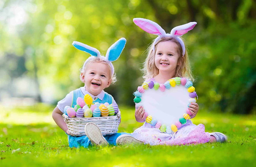 Buona Pasqua!, uovo, bambini, carino, ragazza, copil, piccolo, coniglietto, ragazzo, verde, orecchie, divertente, pasqua, cuore Sfondo HD