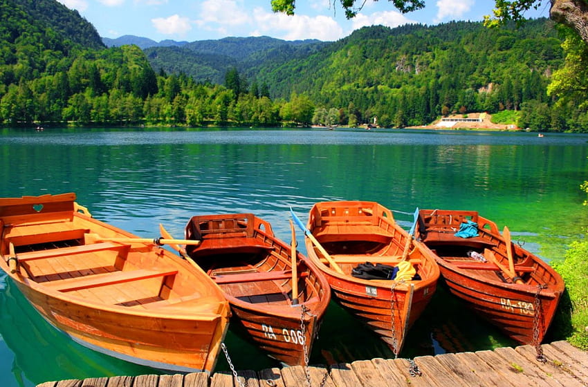 Boats in lake Bled, lakeshore, crystal, pier, serenity, tranquil, nice, quiet, shore, greenry, boats, trees, dock, calm, beautiful, lake, emerald, Bled, pretty, green, view, waters, sky, clear, lovely, Slovenia HD wallpaper