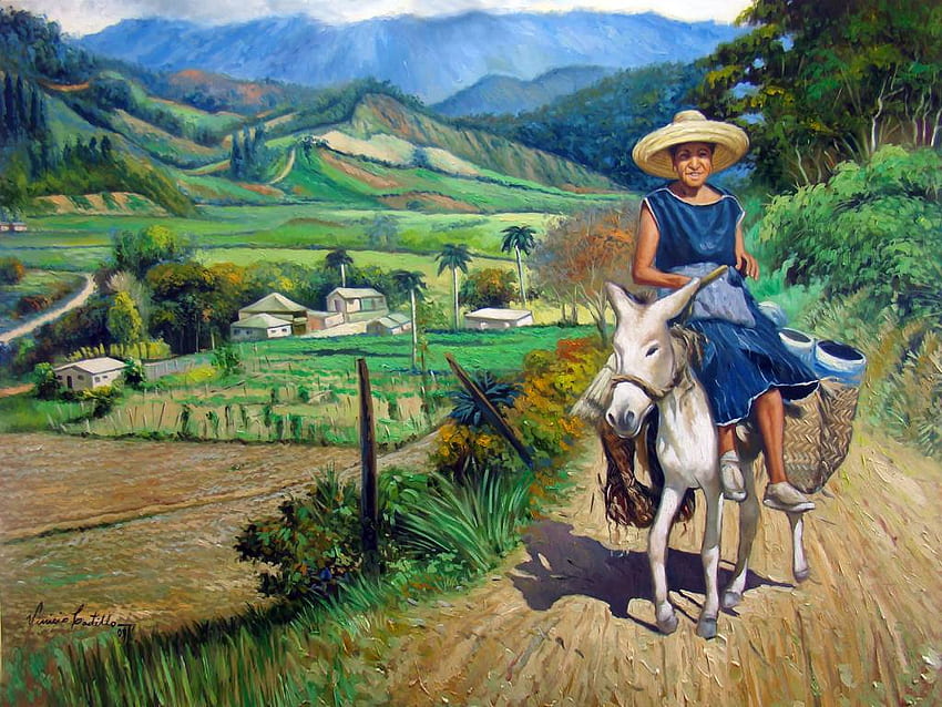 marchanta en la carretera de la Cinega, by Vinicio Castillo, animal, horse, painting, art, landscape, vinicio castillo, people, woman HD wallpaper