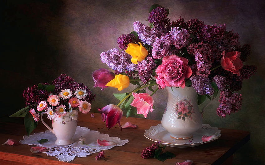 Still Life, spring, blossoms, vase, colors, lilacs, tulips HD wallpaper