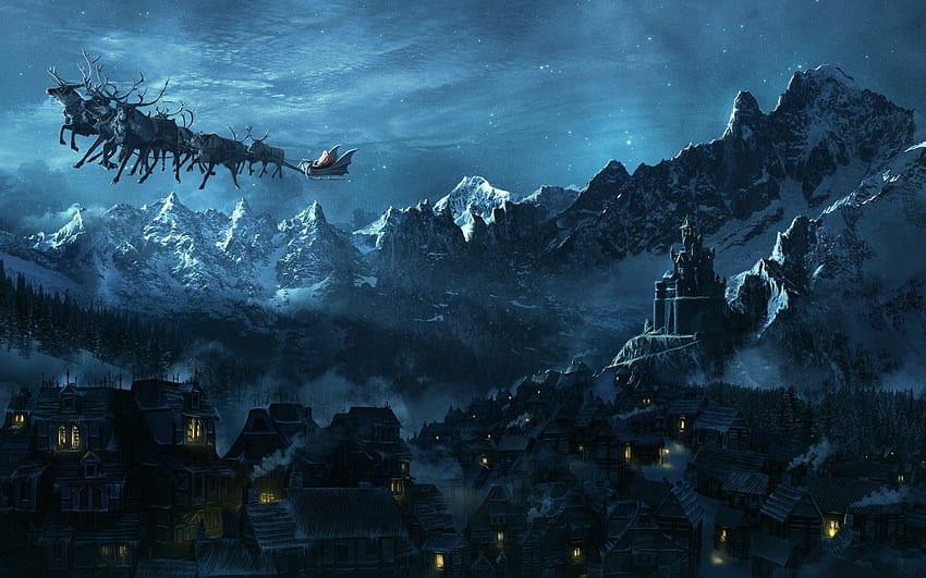 Weihnachtsweihnachtsmann über mittelalterlicher Stadt, Weihnachtsklavier HD-Hintergrundbild