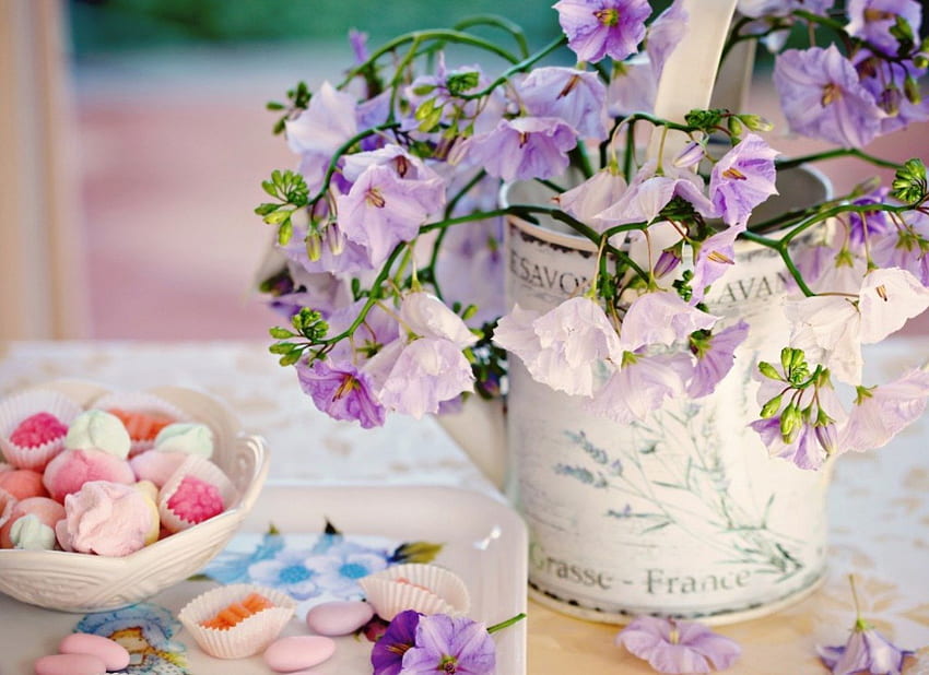 * Bunga dan permen *, ungu, halus, karangan bunga, kelopak, lembut, manis, bunga, permen Wallpaper HD