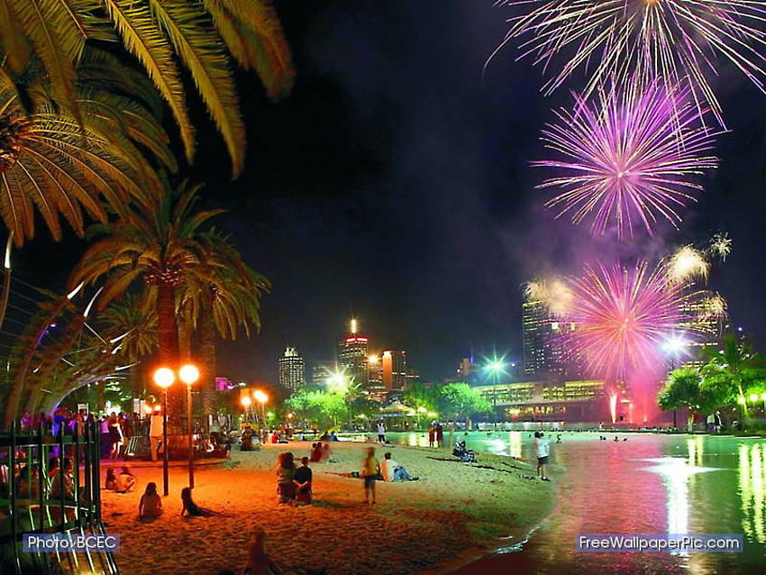 Brisbane Beach Fuochi d'artificio, fuochi d'artificio, notte, Brisbane, spiaggia Sfondo HD