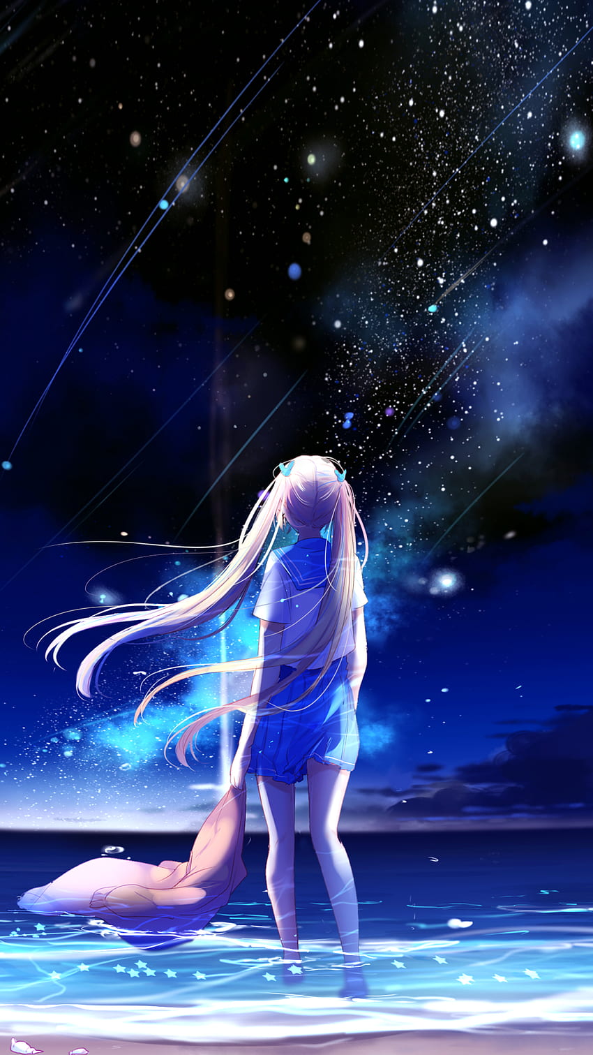 Anime girl, Night, Sea, Beach, Blue, , Anime / Editor's Picks,. for iPhone, Android, Mobile and, Anime Moonlight HD phone wallpaper