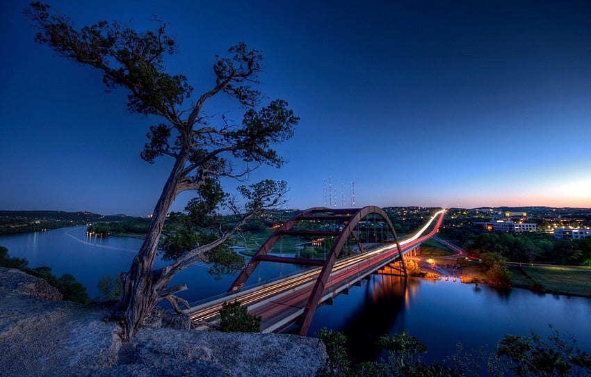 landscape, sunset, bridge, river, tree, the evening, USA, Austin Texas HD wallpaper