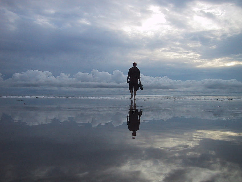 Walking on water, sky, ocean, man, beach HD wallpaper