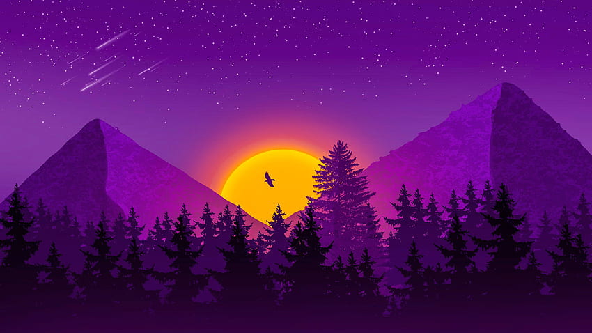 Artistique Montagnes Lune Oiseau Arbres Forêt Pourpre Starry Sky Vaporwave Vaporwave Fond d'écran HD