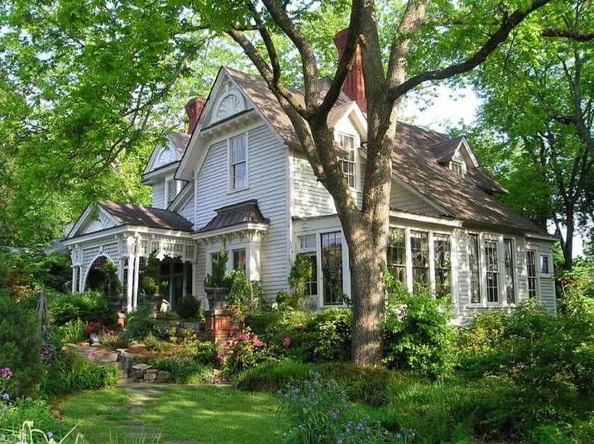 Красива домашна цветна градина, изкуство, бяла, къща, дървета, цветна градина, красива, трева HD тапет