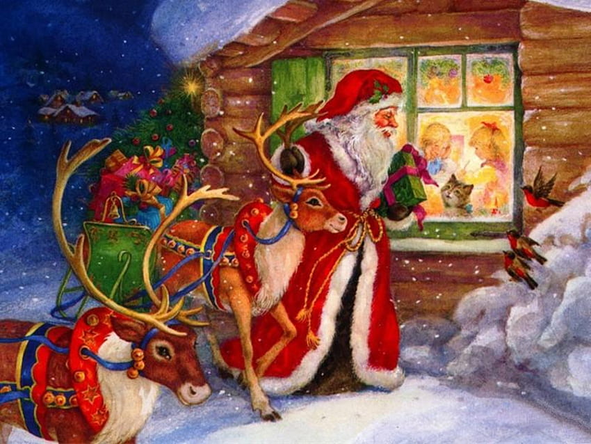 Meeting Santa, reindeer, snow, christmas, santa HD wallpaper