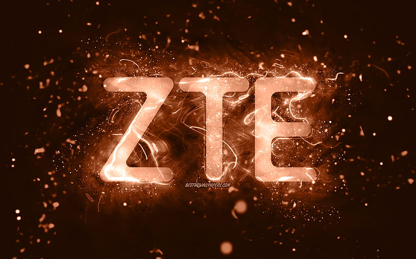 ZTE кафяво лого, , кафяви неонови светлини, творчески, кафяв абстрактен фон, ZTE лого, марки, ZTE HD тапет
