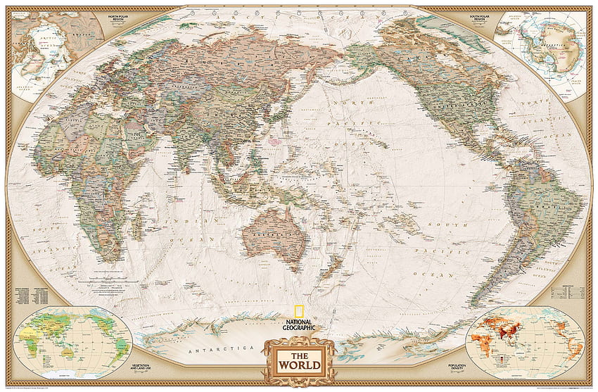 Mapa de pared político ejecutivo mundial de National Geographic, centrado en el Pacífico. Mapas geográficos nacionales, póster del mapa mundial, póster gigante, mapa mundial geográfico nacional fondo de pantalla