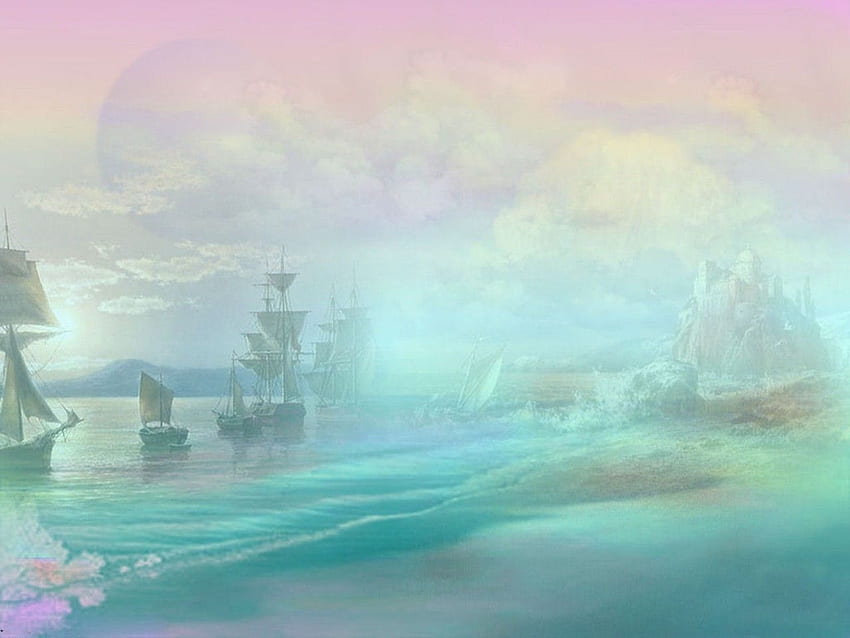 Océano Mar: Montañas Barcos Cielo Nubes Pastel Mar Océano Naturaleza fondo de pantalla