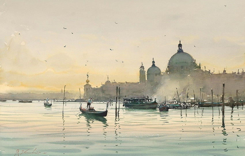 water, birds, the city, boats, morning, watercolor HD wallpaper
