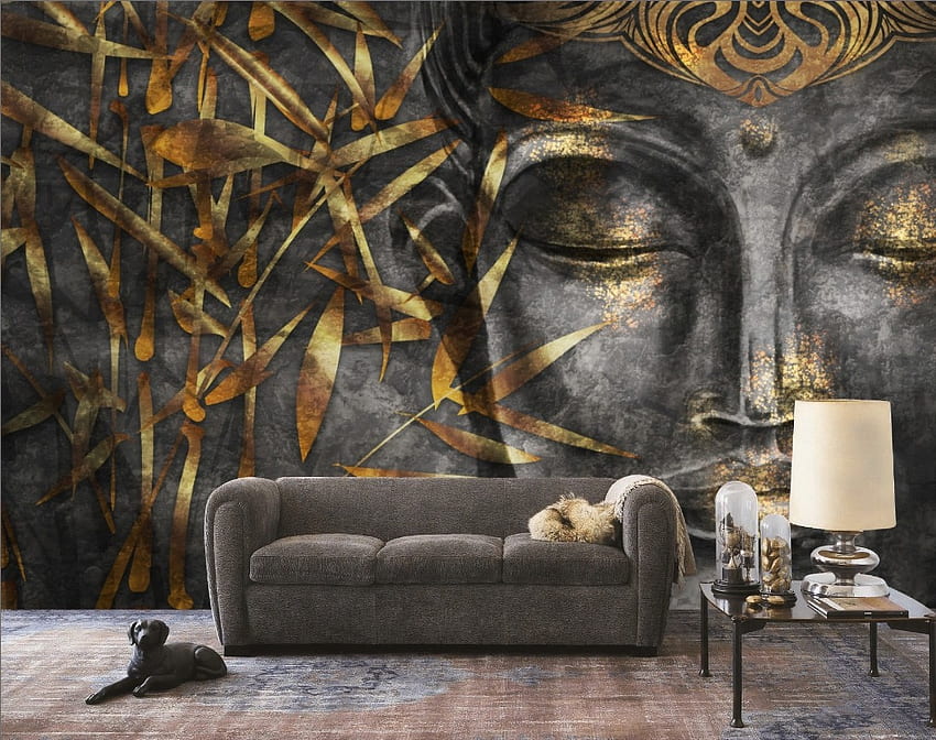 Decorazione murale effetto 3D Buddha in cemento e foglie in stile oro - •  Wallmur®, Oro 3D Sfondo HD