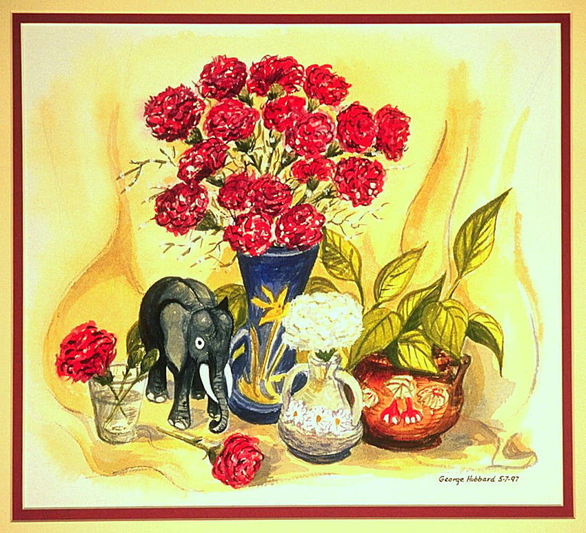 George Hubbard's Still Life, flori, painting, elephant, knick knack, rosu, george hubbard, carnations, art, flores, vase, bottle, still life, plant, rojo, green, red, flowers, bowl HD wallpaper