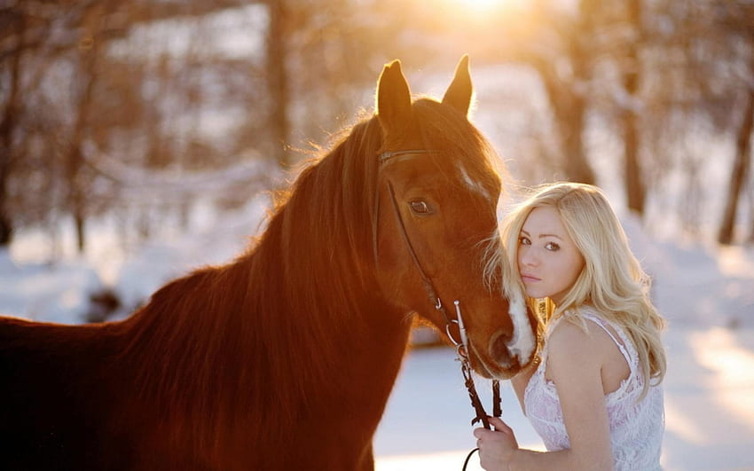 Cowgirl and Her Horse, winter, horse, cowgirl, blonde, snow HD wallpaper