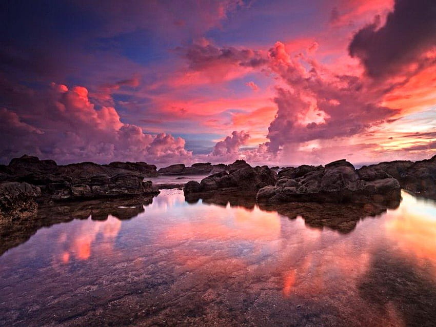Wondrous sky, blue, pink, clouds, sky, lake, reflections HD wallpaper
