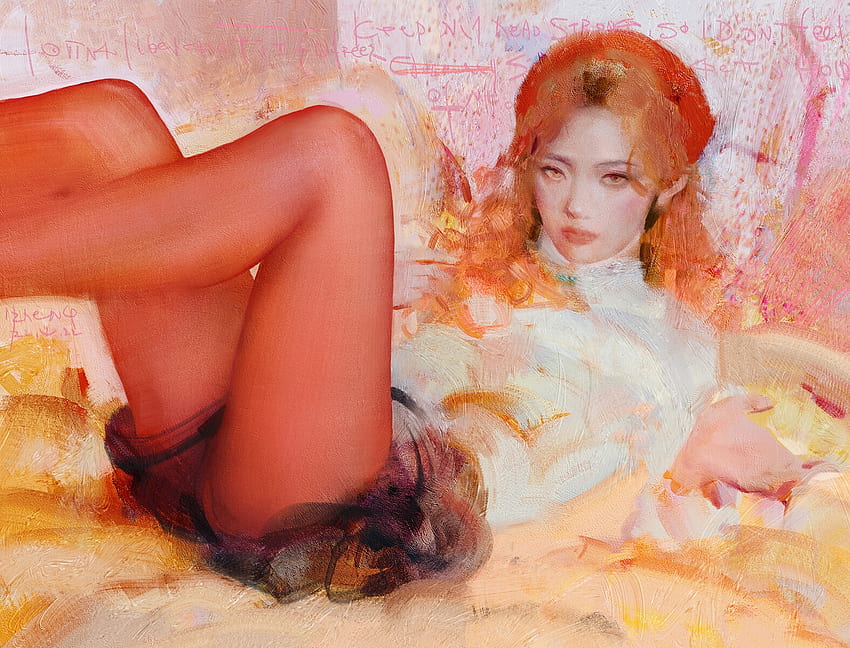 Redhead, art, orange, yizheng ke, fantasy, girl HD wallpaper