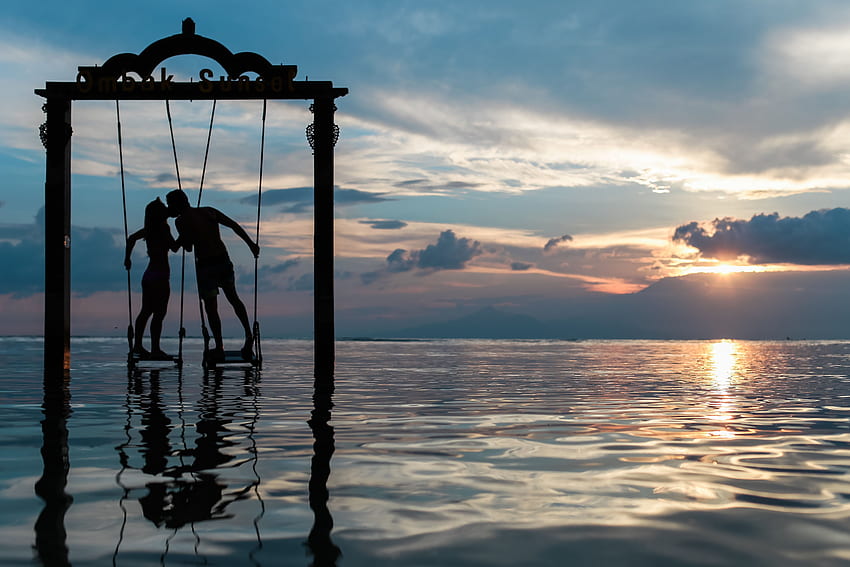 Sonnenuntergang, Meer, Liebe, Paar, Paar, Silhouetten, Romantik, Schaukel HD-Hintergrundbild
