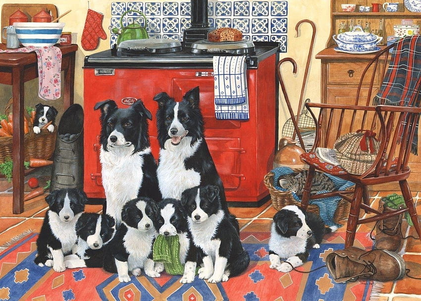Meet the family, animal, art, cute, puppy, painting, pictura, border collie, red, caine HD wallpaper