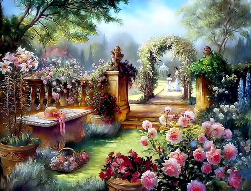 Piękny ogród, kwiaty, ładna, sztuka, ogród Tapeta HD
