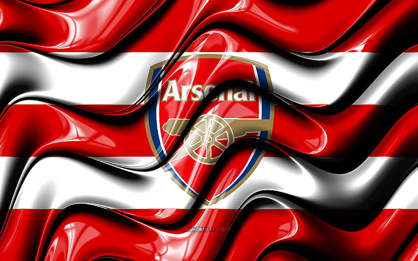 Arsenal bayrağı, kırmızı ve beyaz 3D dalgalar, Premier Lig, İngiliz Futbol Kulübü, futbol, ​​Arsenal logosu, Arsenal FC, futbol HD duvar kağıdı