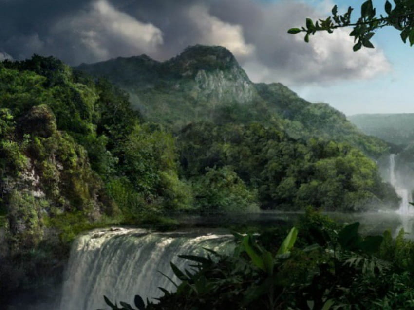 ジャングルの滝、滝、自然 高画質の壁紙