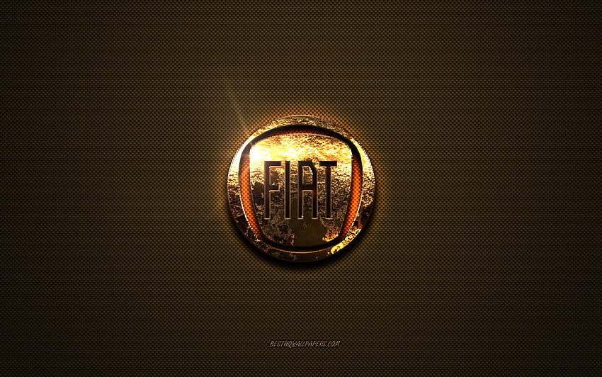Златно лого на Fiat, произведения на изкуството, кафяв метален фон, емблема на Fiat, творчески, лого на Fiat, марки, Fiat HD тапет