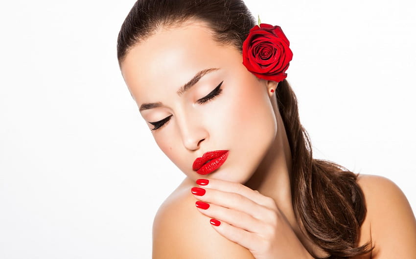 Wspaniały, makijaż, róża, model, strzały, szminka, białe tło, twarz, włosy Tapeta HD