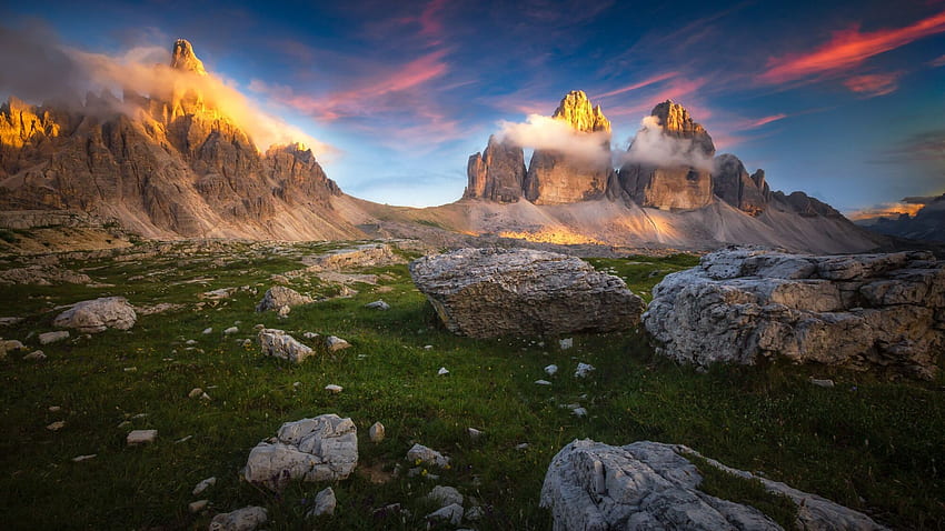 Dolomitas, Itália, picos, Tirol do Sul, cores, paisagem, céu, Alpes, rochas, pôr do sol papel de parede HD