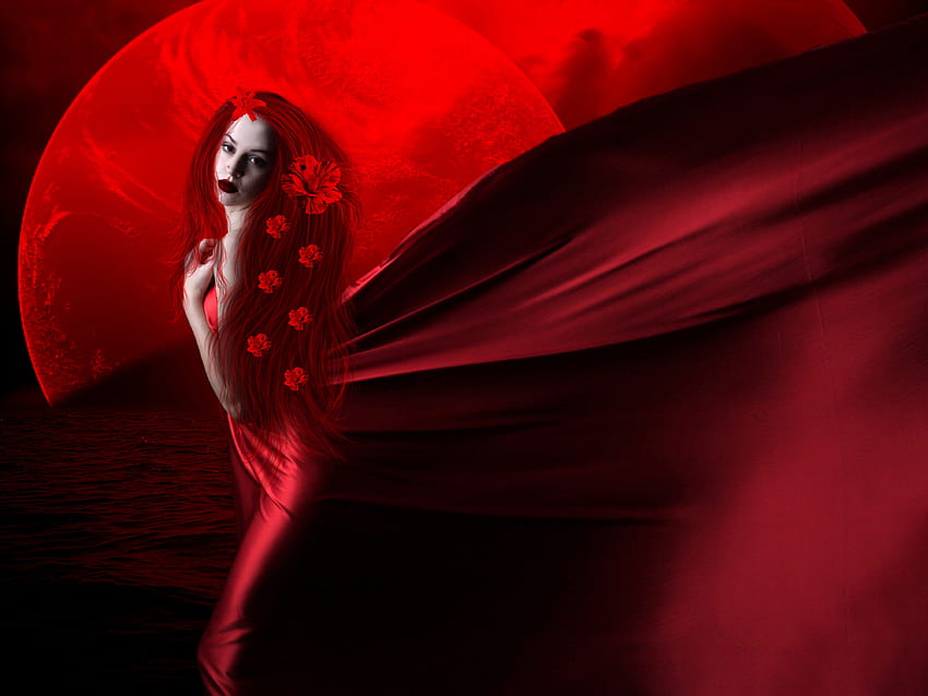 ✫Red Passion✫, colorful, colors, digital art, dress, moon, bright, passion, water, female, model, gorgeous, beautiful, fantasy, pretty, manipulation, red, girls, flowers, women, redhead, lovely, hair HD wallpaper