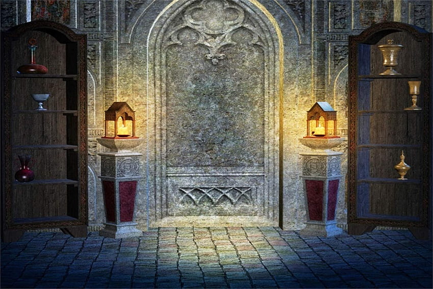 Laeacco Magical Theme Vintage Castle Interior ft Vinyl graphy Background Antique Relief Wall Arch Door Wooden Shelves Buring Candles Backdrop Child Adult Portrait Shoot Nostalgia : Camera & HD wallpaper