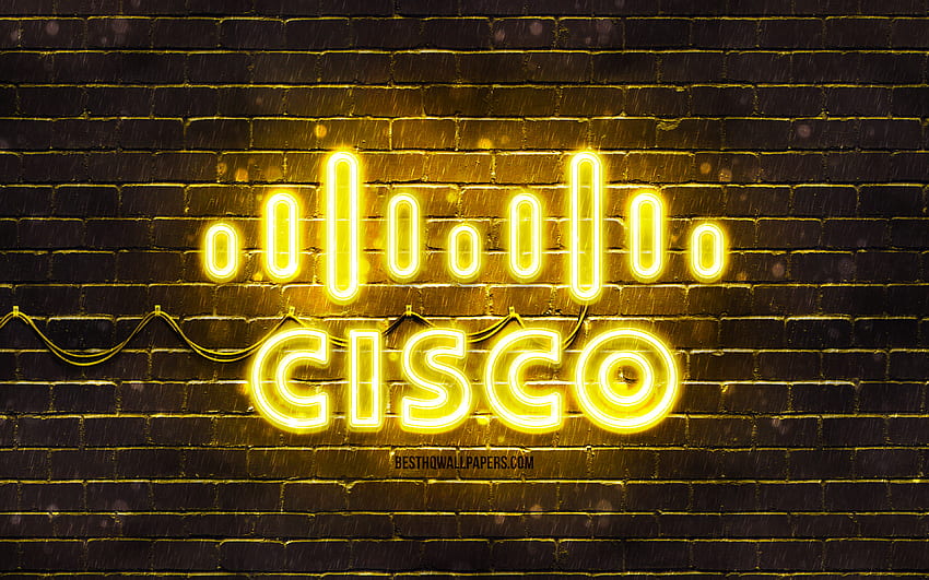 Cisco 노란색 로고, , 노란색 brickwall, Cisco 로고, 브랜드, Cisco 네온 로고, Cisco HD 월페이퍼