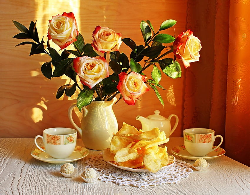 Natürmort, renk, gül, vazo, güzel, bardak, kahve, doğa, çiçekler HD duvar kağıdı
